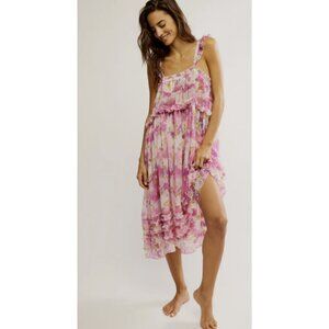 Free People Moon Phase Pink Floral Printed Midi Dress Women's Medium NWT